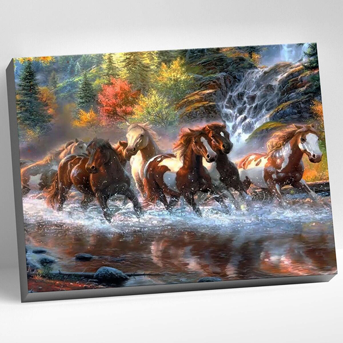 Painting by numbers (40x50) HORSES AT A WATERFALL (27 colors)